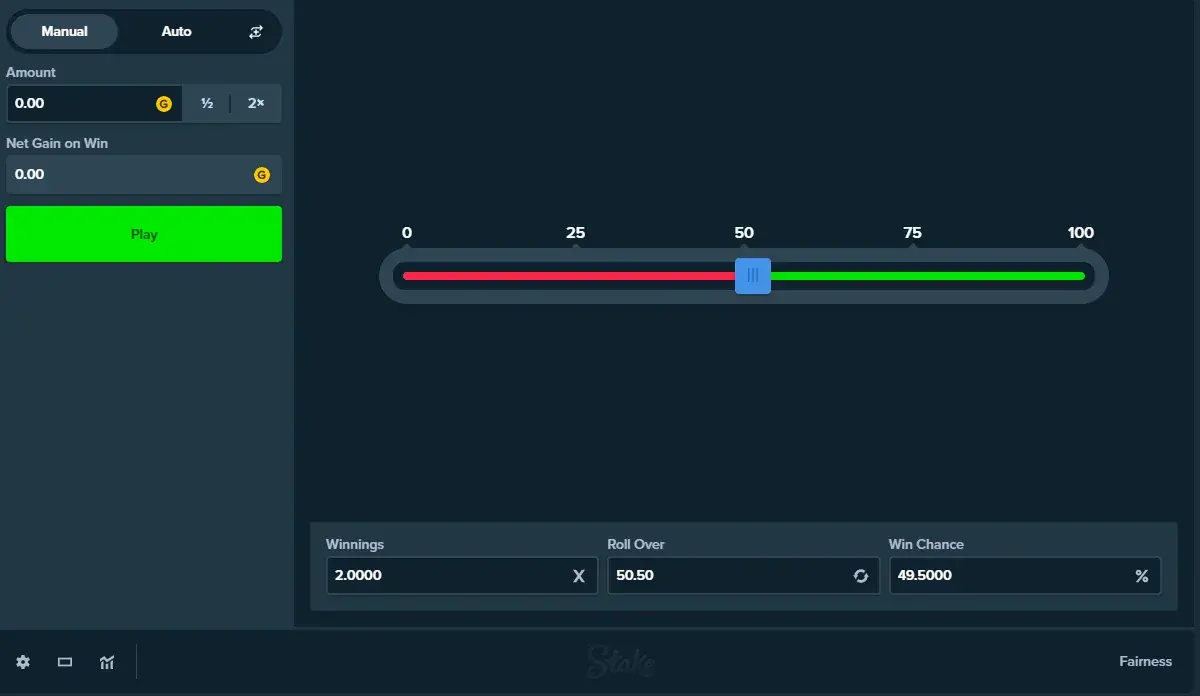 شاشة لعبة Stake Dice مع شريط النتيجة وخانات Roll Over وWin Chance