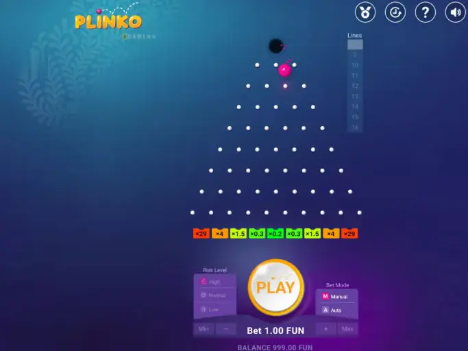 لوحة Plinko من BGaming بستة عشر خطاً ومضاعفات من ×0.2 إلى ×29