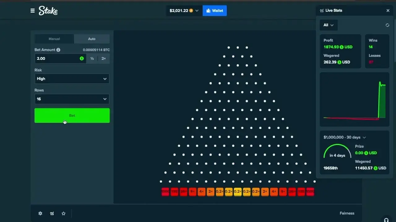 Plinko على Stake بمخاطرة High وستة عشر صفاً، ومضاعفات تصل إلى 1000x على الأطراف