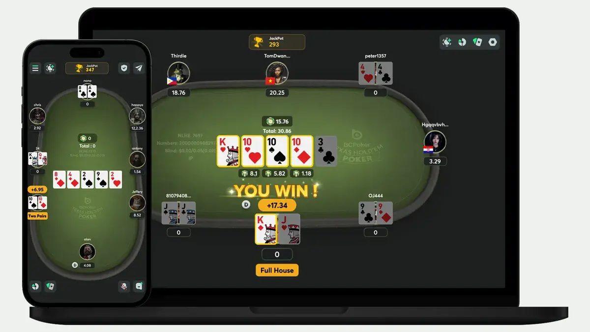 طاولة تكساس هولدم في غرفة BC Poker على الحاسوب والجوال